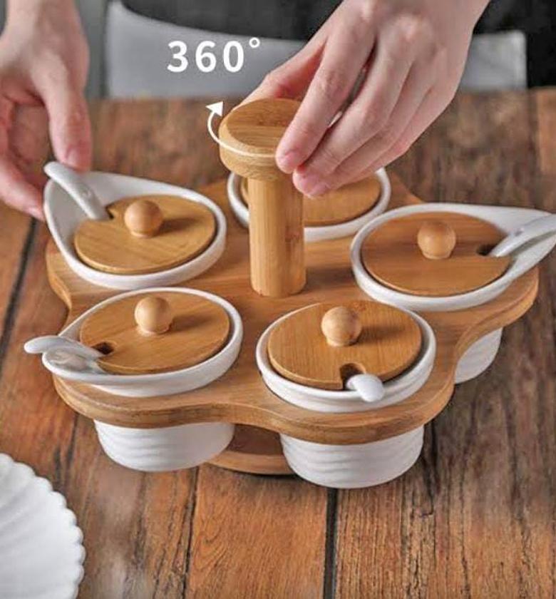 5pcs set cruets spice bowls with rotary bamboo stand image