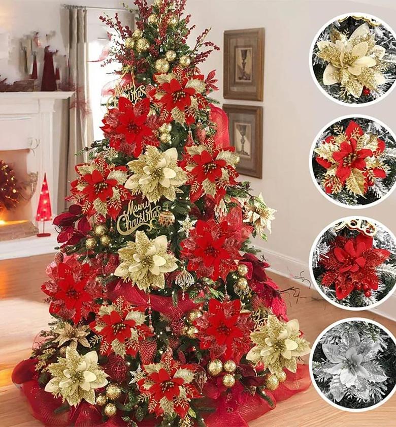 Christmas Poinsettia Flowers for Tree Red Gold, 2 pieces image