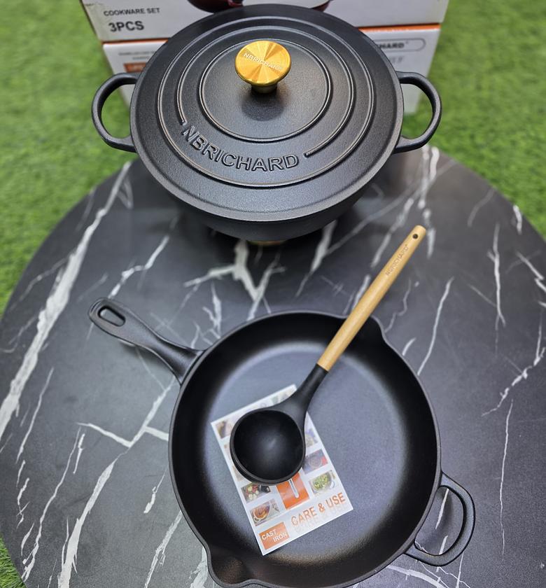 Premium 3-Piece Enamel Cast Iron Cookware Set with Gold Accents image