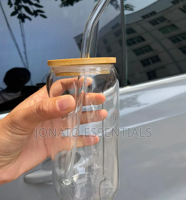 Clear Glass Can Tumbler With Bamboo Lid Straw, 500ml image