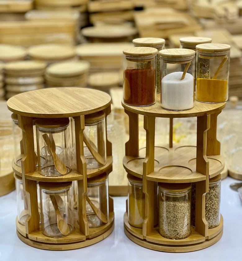 360-Degree Rotating Bamboo Spice Rack with 10 Large 300ml Glass Jars image