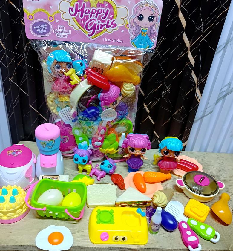 Happy girls kitchen set with plenty play items image