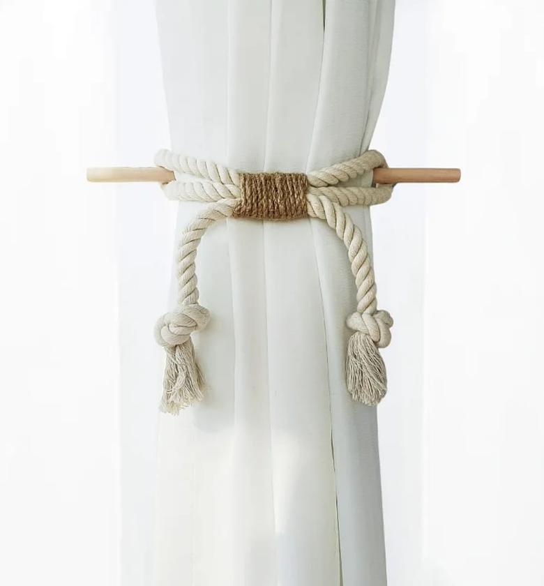Solid wood stick thick cotton rope hemp rope, simple curtain binding rope  image