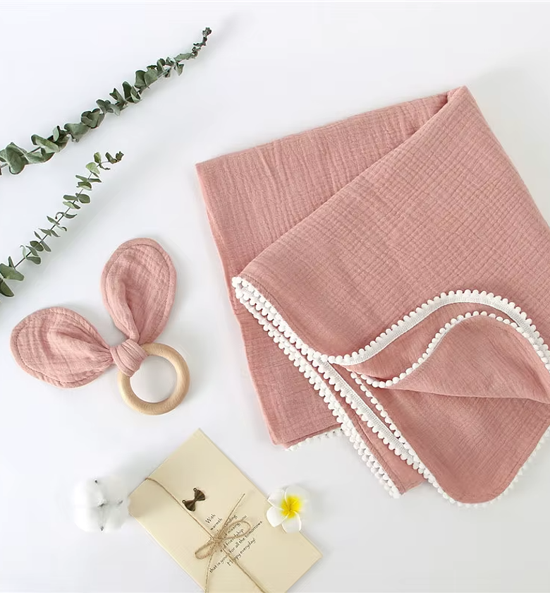 Muslin Pompom Blanket + Wooden Teether image
