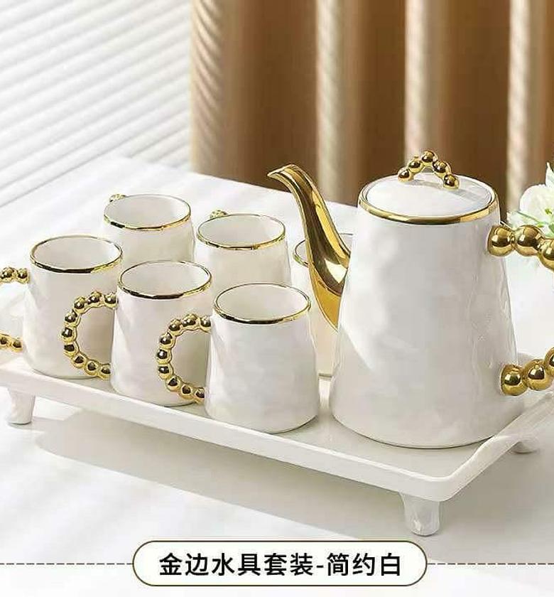 Kitchen Luxurious Ceramic Tea Set for Dining Serveware with Golden Handle and 6 Cups with Handle for Mugs and Tray image