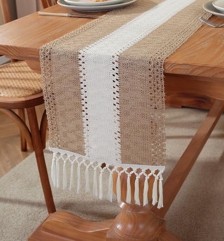 Tassels Bohemian Style Table Runner Farmhouse Linen Table Tablecloth image