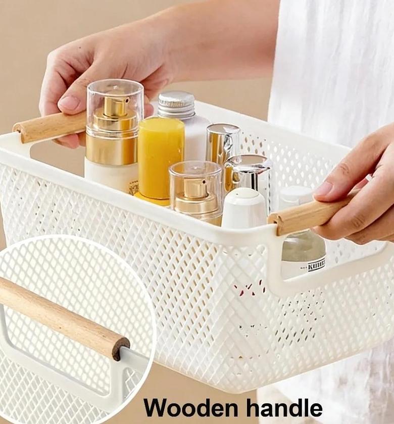 3pcs Mesh Plastic Storage Baskets with bamboo Handles image
