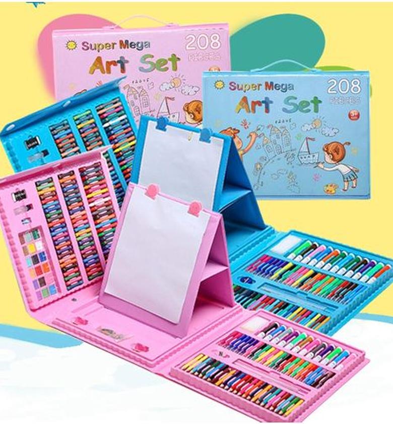208 pcs. Art Drawing Set For Children for Drawing and coloring, Colored Pencils and pens Crayon Oil Pastel Water Color Mini Marker with Paper Stand Glue Gift Set with Case for Kids image