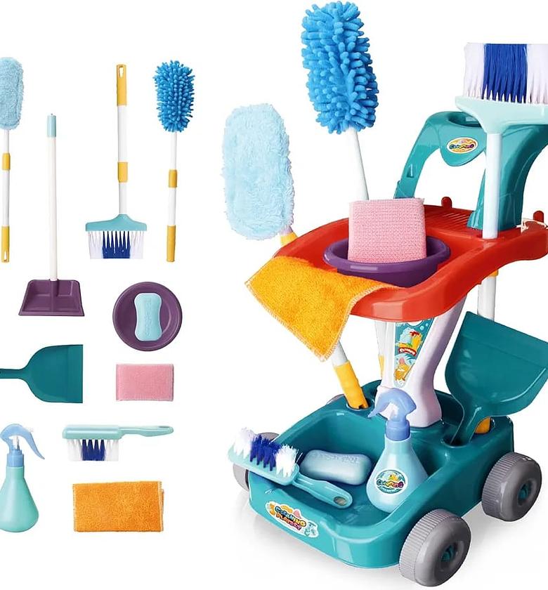 Cleaning cart set. Includes a broom, dustpan, mop, mop bucket, cleaning brush, and more Making It Fun For Kids To Play image