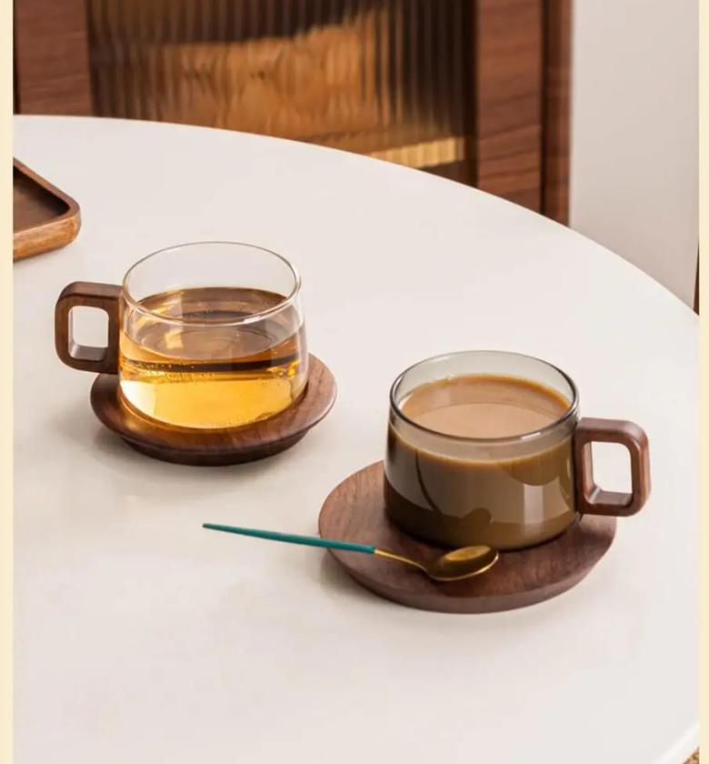 Retro 250ml Glass Tea & Coffee Cup with Sustainable Wooden Handle and Saucer (6PCS) image
