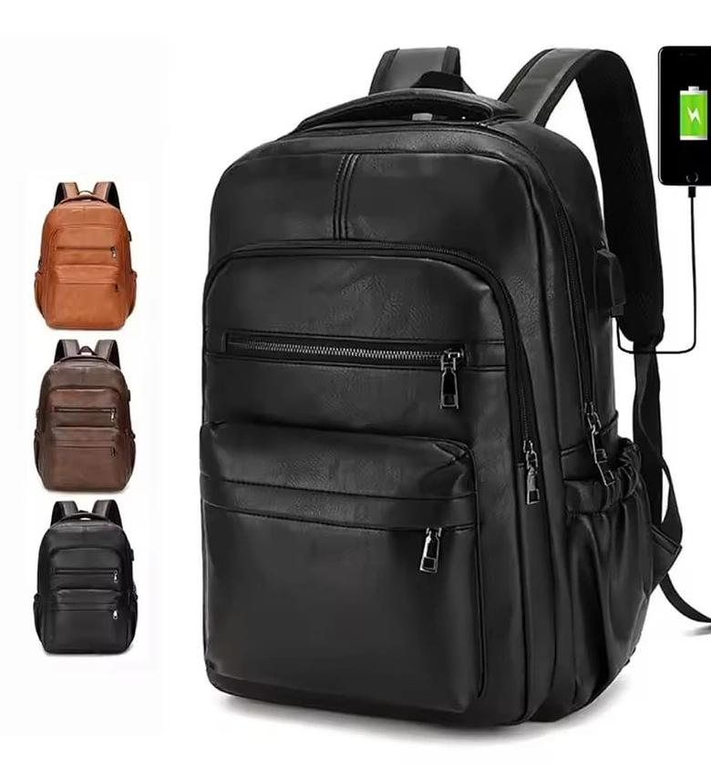 USB Charging PU Leather Backpack for Men image