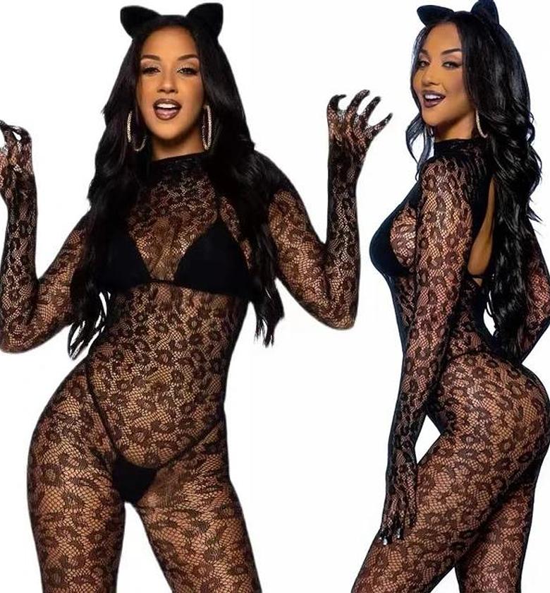 Women's One Piece Sexy Lingerie Bodystockings Long Sleeve See-Through Fishnets Bodysuit Crotchless image