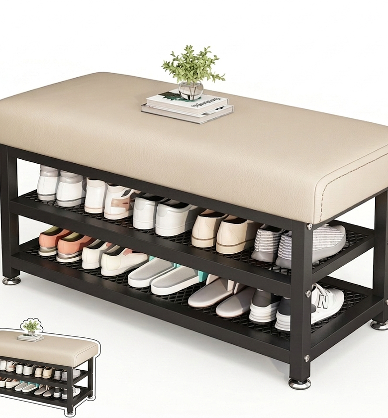 Modern 2-Tier Metallic Shoe Rack Bench with Padded Faux Leather Seat - Heavy Duty Entryway Organizer for Homes & Offices image