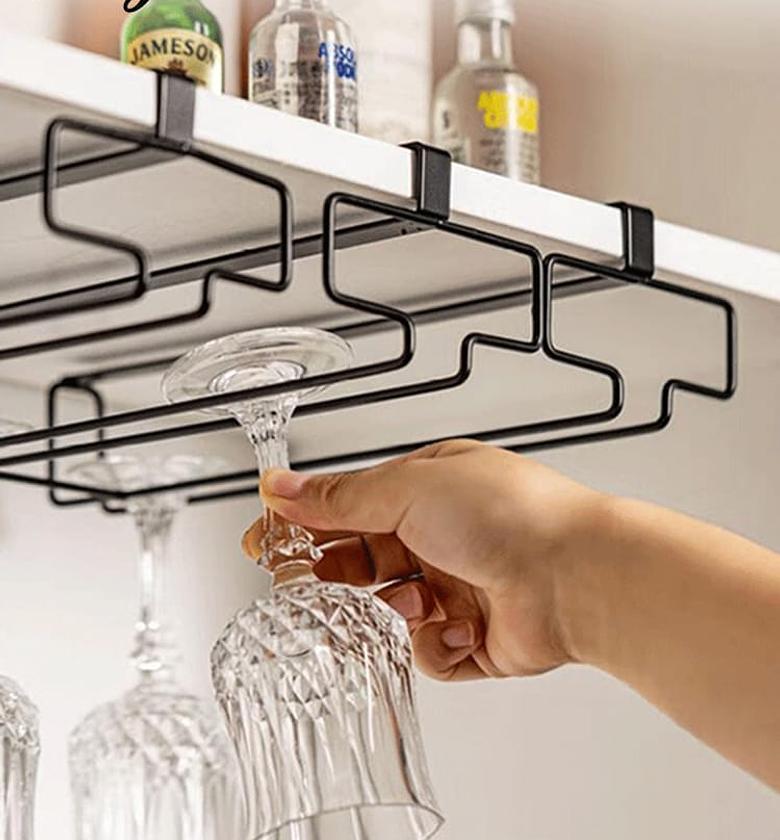 Non perforated inverted iron hanging high footed red wine cup holder image