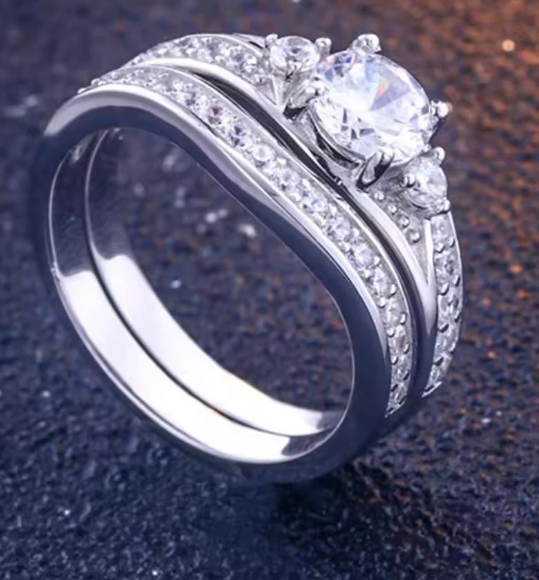 Starlight Wave Pure Silver Double Ring Set image