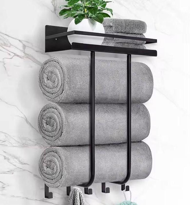 Modern 3-in-1 Matte Black Bathroom Towel Rack with Top Storage Shelf and 5 Hanging Hooks - Premium Space Saver Organizer image