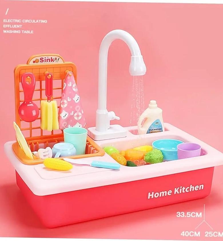 Play Kitchen Sink Toy Set, Play Sink with Running, Kitchen Utensils, Role Play Toy, Kitchen Accessories Pretend Role Playset for Toddlers Children Girls (Pink) image