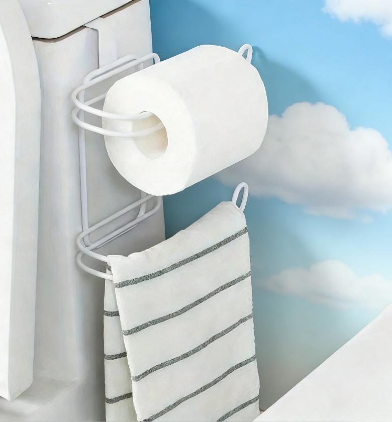Over-the-Tank Toilet Paper Holder & Towel Rack, Rust-Resistant No-Drill Bathroom Organizer, White Metal Space Saver image