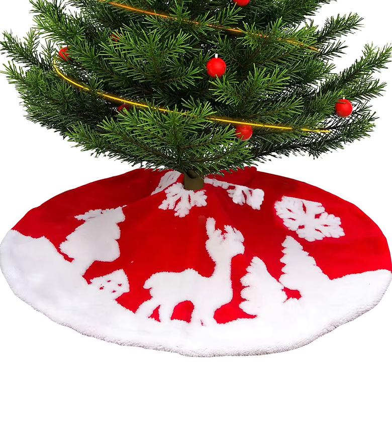 Christmas Tree Skirt, Red White Reindeer Snow Decor image