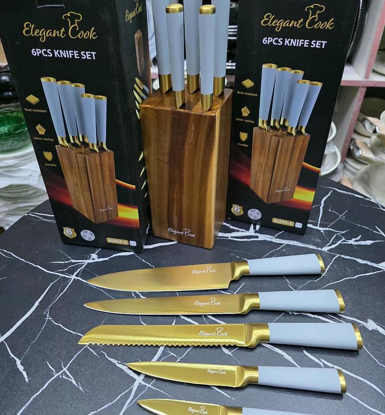 6-Piece Elegant Cook Premium Golden Kitchen Knife Set with Wood Block image