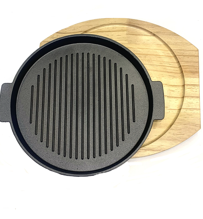 Thickened Cast Iron Sizzling Grill Pan with Wooden Base image