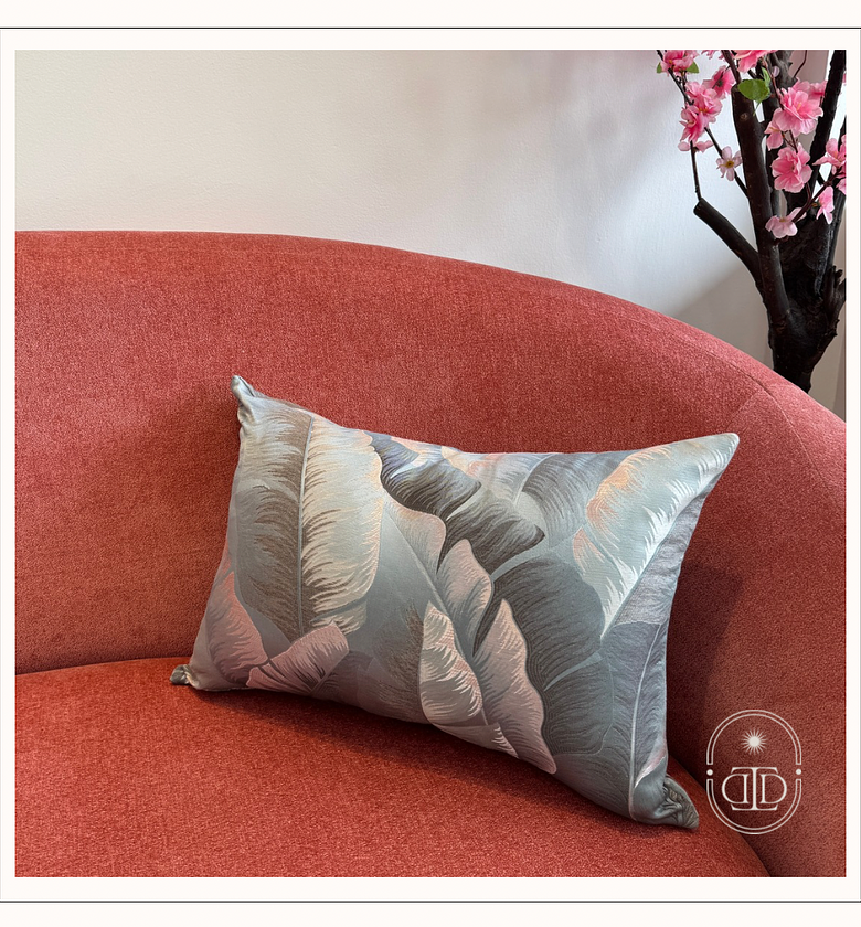 Blue lumbar tropical jacquard cushion cover. image