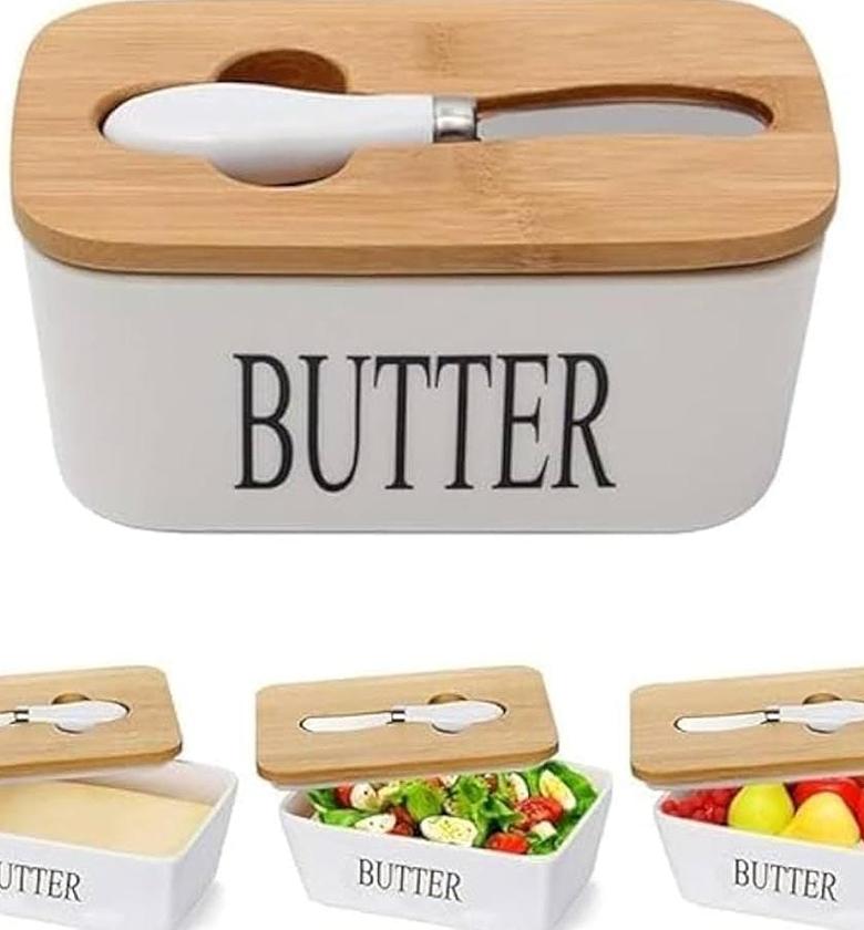 Butter spread kit  Ceramic container, airtight bamboo cover + spread knife image