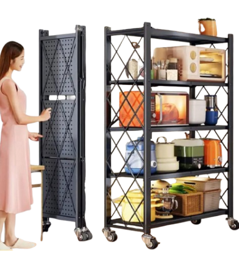 Folding Metal Shelving Unit. 5-Tier Foldable Storage Shelf with Wheels, image