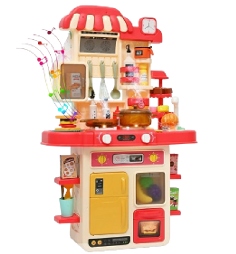 48Pcs Kitchen Playset for Boys & Girls, Kid Play Kitchen with Realistic Lights & Sounds, Spray Sink, Pretend Food Toys Kitchen for Toddlers  image