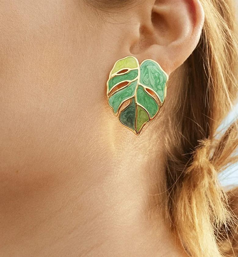 Green monstera earrings  image