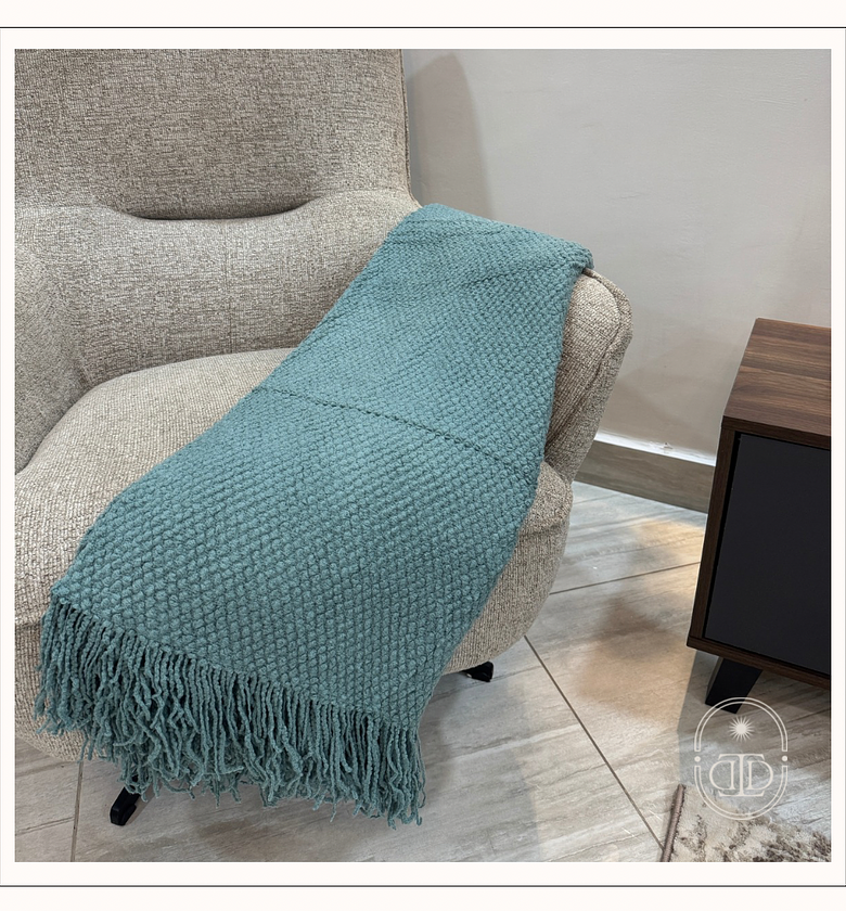 Light teal throw blanket with tassels. image
