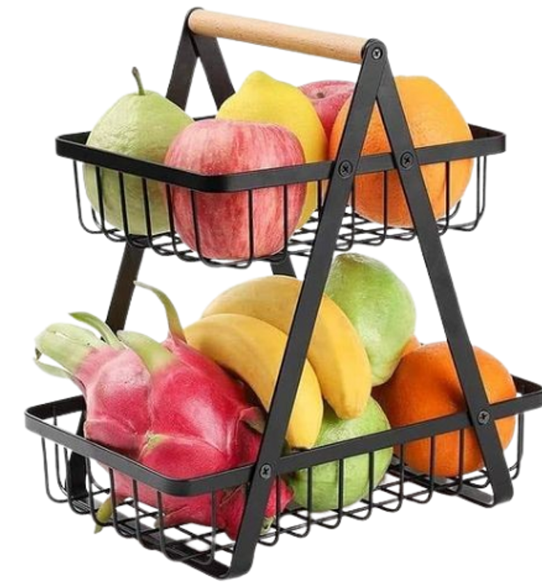 A 2-Tier Foldable Double-layer Portable Iron Basket Fruit Basket.  image