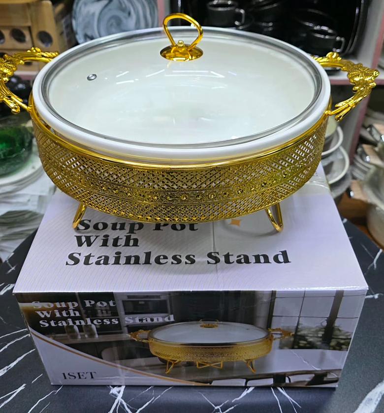 Luxury Ceramic Buffet Food Warmer with Gold Stainless Steel Stand image