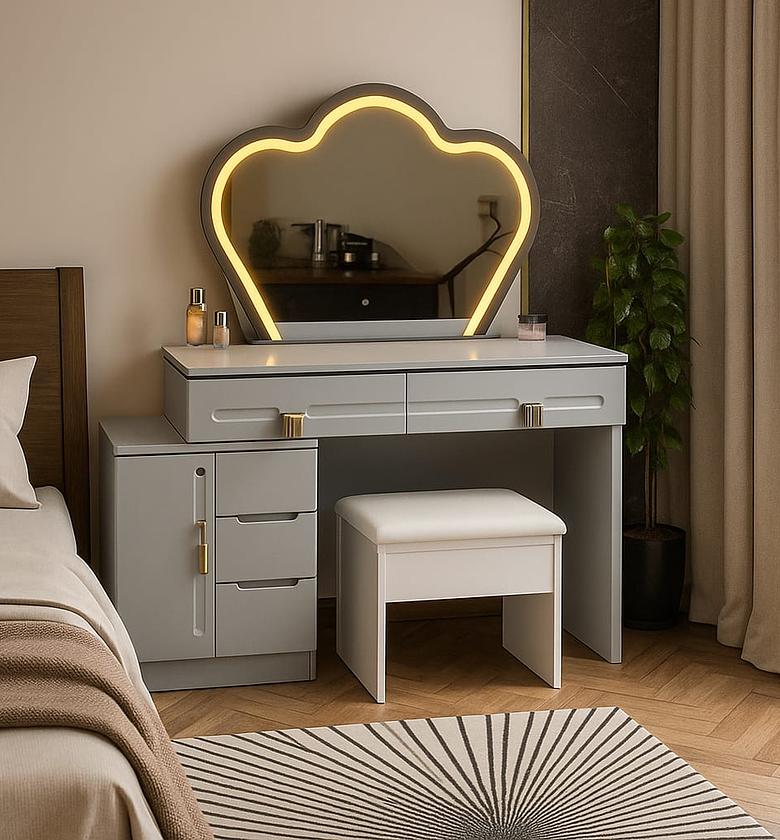 Retractable Grey Dressing Table with Heart-Shaped LED Mirror image