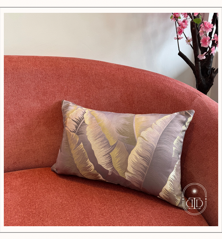 Pink lumbar tropical jacquard cushion cover. image
