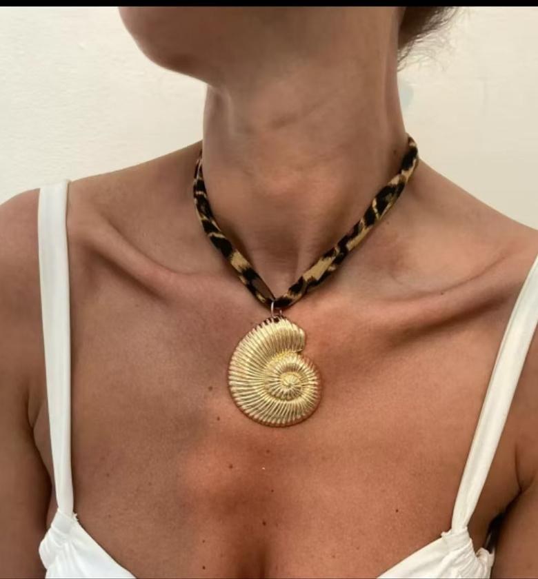 Golden Seashell Spiral Pendant with Leopard Print Chain Necklace image
