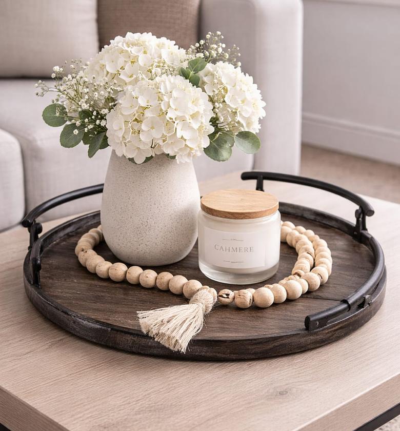 Home Decor Rustic Modern Metal and Wood Round Counter Tray image