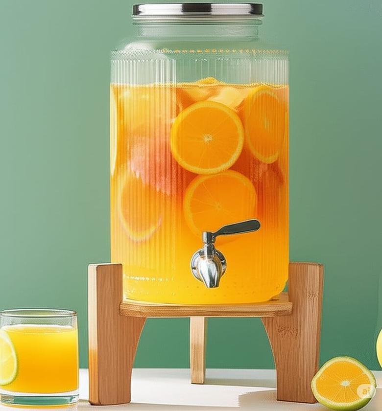 Ribbed Glass Beverage Dispenser – 6L with Wooden Stand image