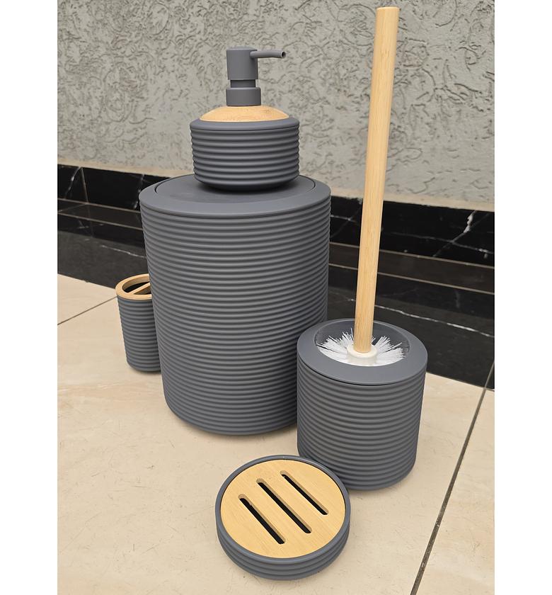 6-Piece Ribbed Bathroom Accessories Set – Modern Matte Finish with Bamboo Accents image