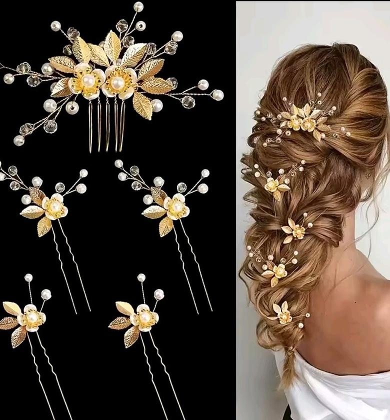 Gold bridal comb & bridal flower pins image