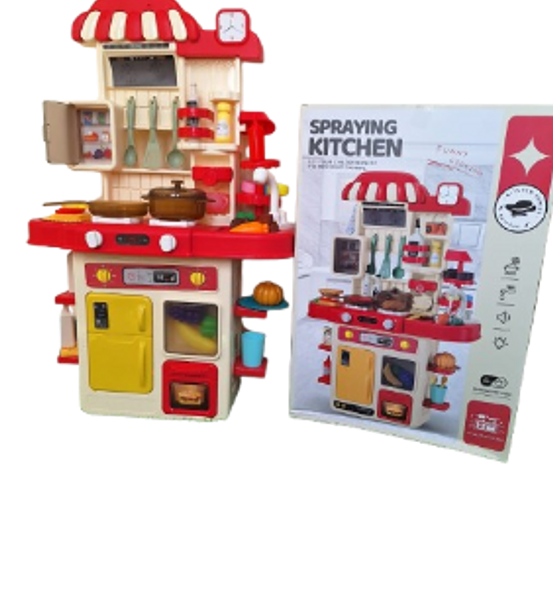 48pcs Kitchen Playset for Boys and Girls, kid play kitchen with Realistic Lights and Sounds, Spray sink ,Pretend Food Toys Kitchen for Toddler image
