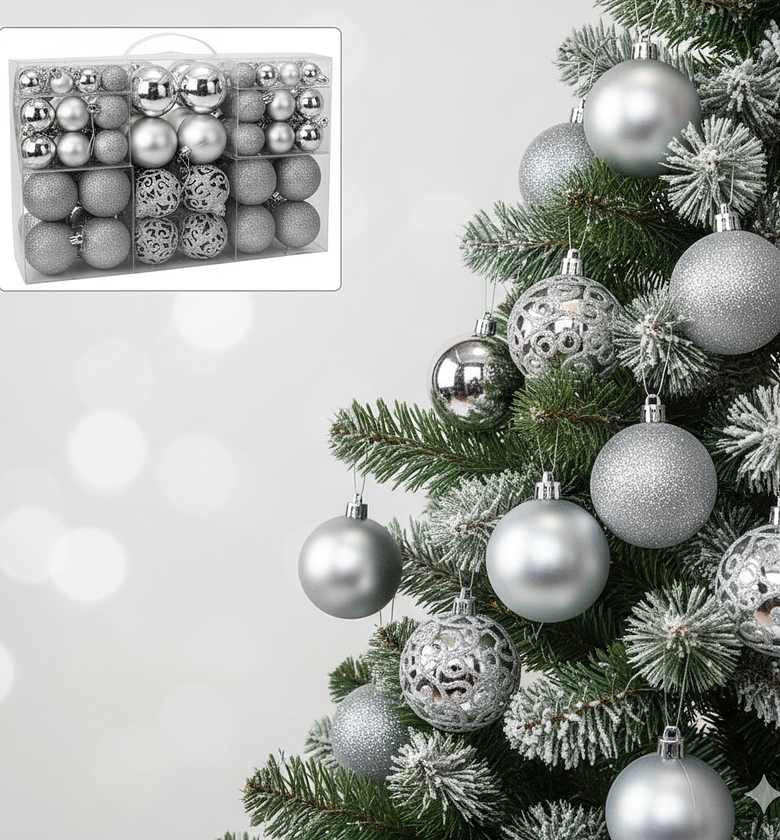 100pc Luxury Silver Christmas Tree Baubles Decoration Set image