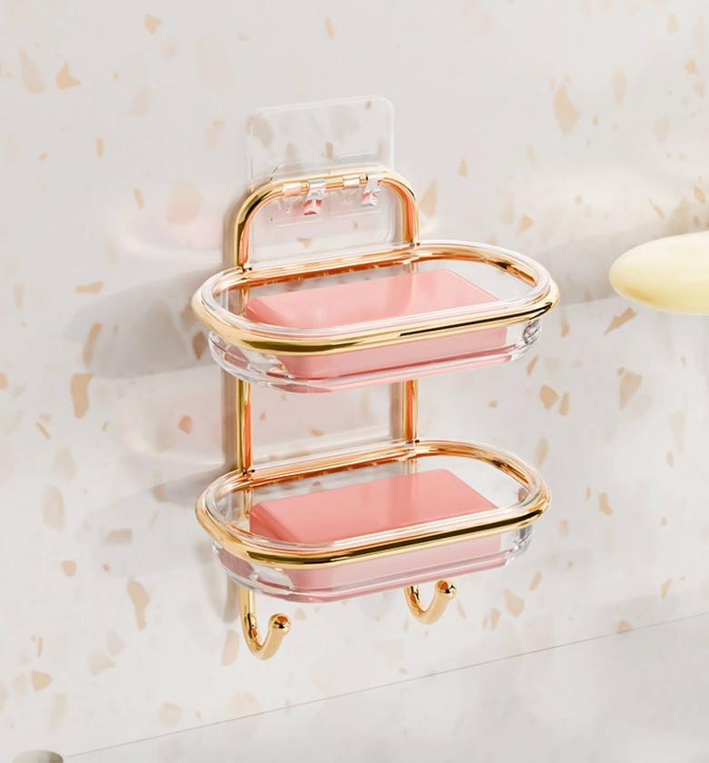 Luxury Double-Tier Wall-Mounted Soap Caddy with Gold Trim and Storage Hooks image