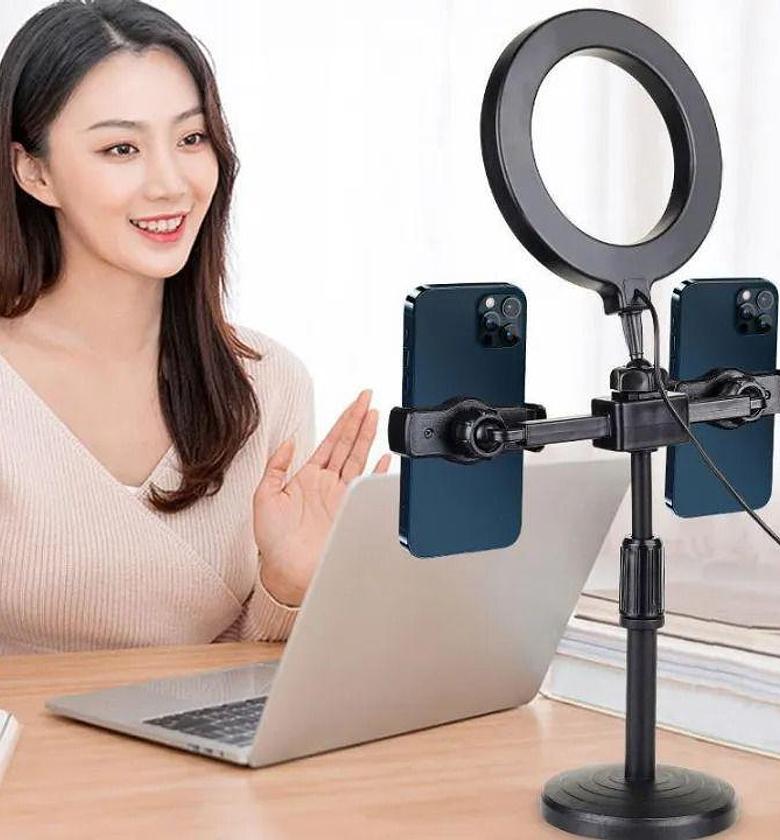 Adjustable Ring Light With Dual Phone Holder Tripod Stand image