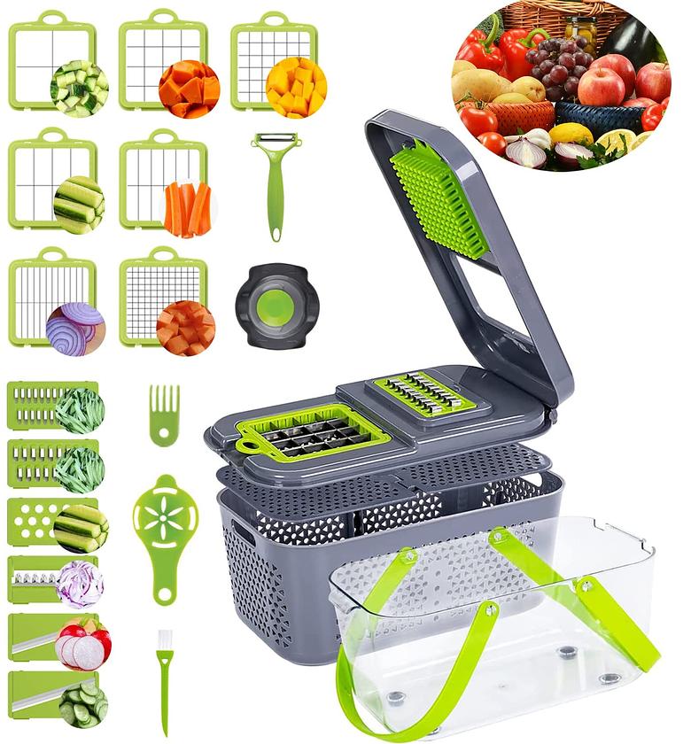22-In-1 Multifunction Manual Vegetable Chopper & Slicer with Drain Basket - Professional Fruit Dicer & Grater image