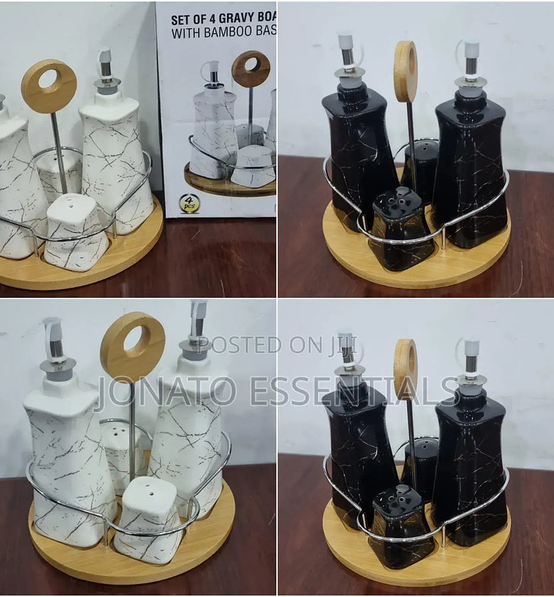 4-Piece Marble Ceramic Condiment Set With Wooden Base image