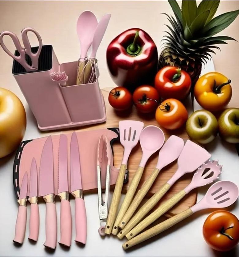 19-Piece Pink Silicone Utensil, Knife, and Holder Kitchen Set image