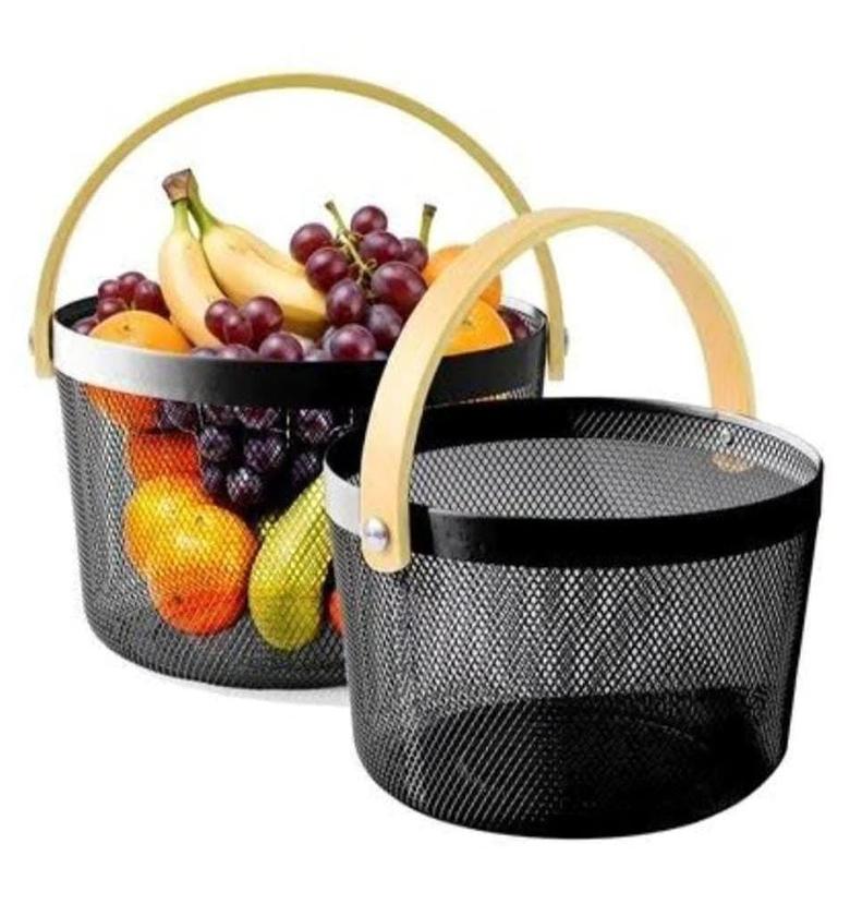High quality ROUND PANTRY mesh wire fruit basket with wooden handle image