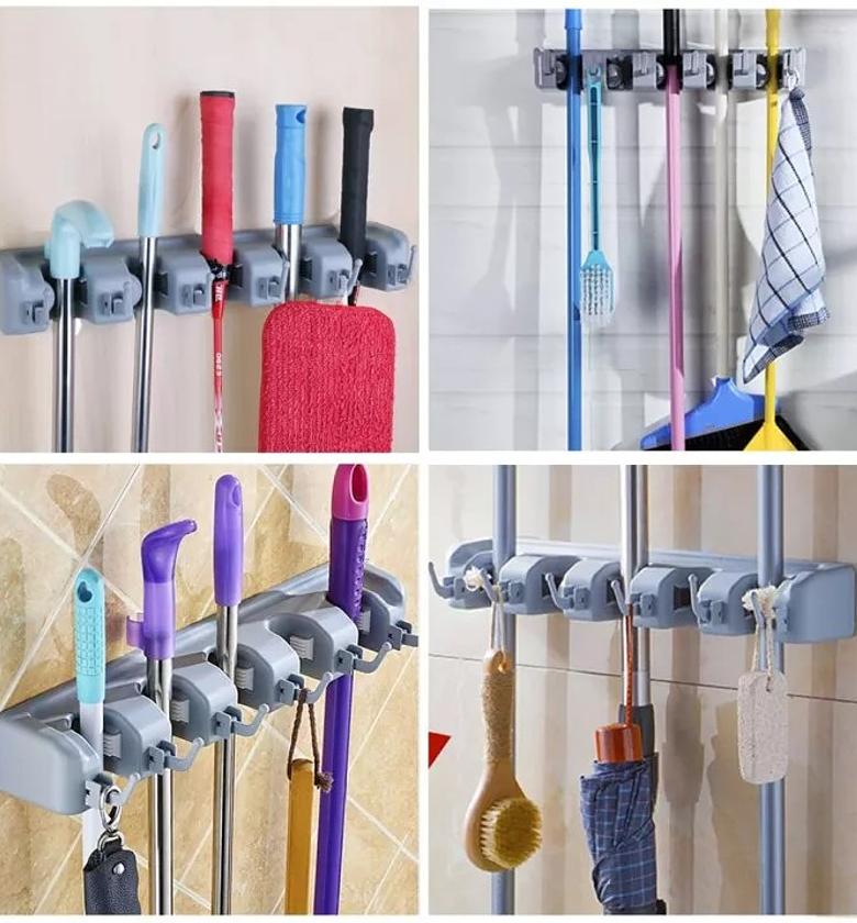 Broom Mop Holder Tidy Organizer, Wall Mounted Organizer with 5 Position 6 Hooks for Brush Mop and Broom Tool Storage image
