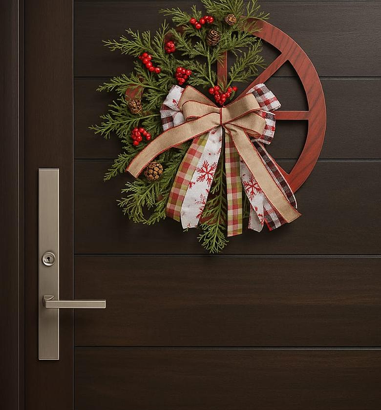 40cm Rustic Christmas Wagon Wheel Wreath image
